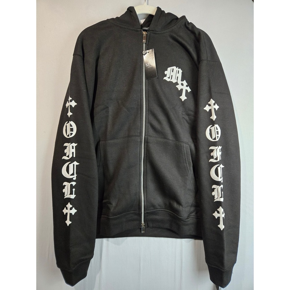 BoohooMAN Mens Black Gothic Graphic Zip Up Hoodie Cross Print Large NWT